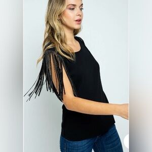 VOCAL Black Embellished Fringe Sleeves Blouse